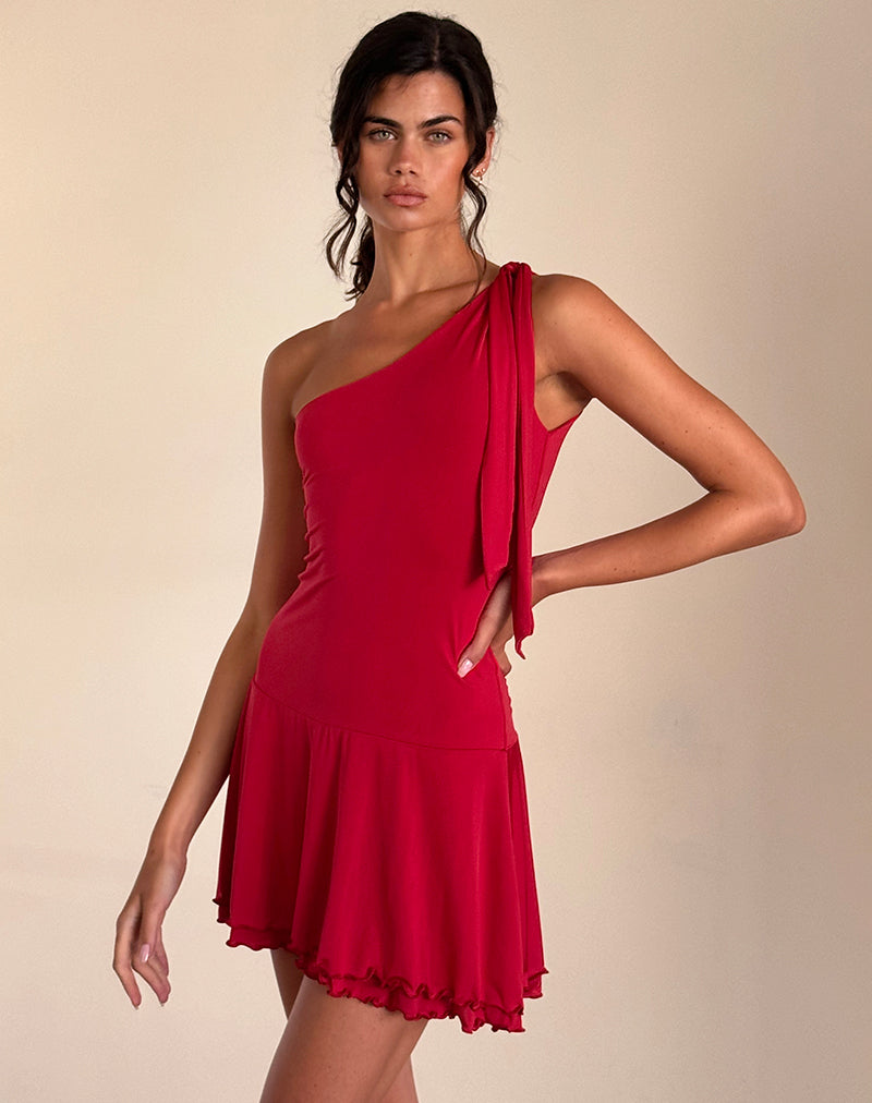 Boone Mini Jurk met Schouder in Slinky Rood