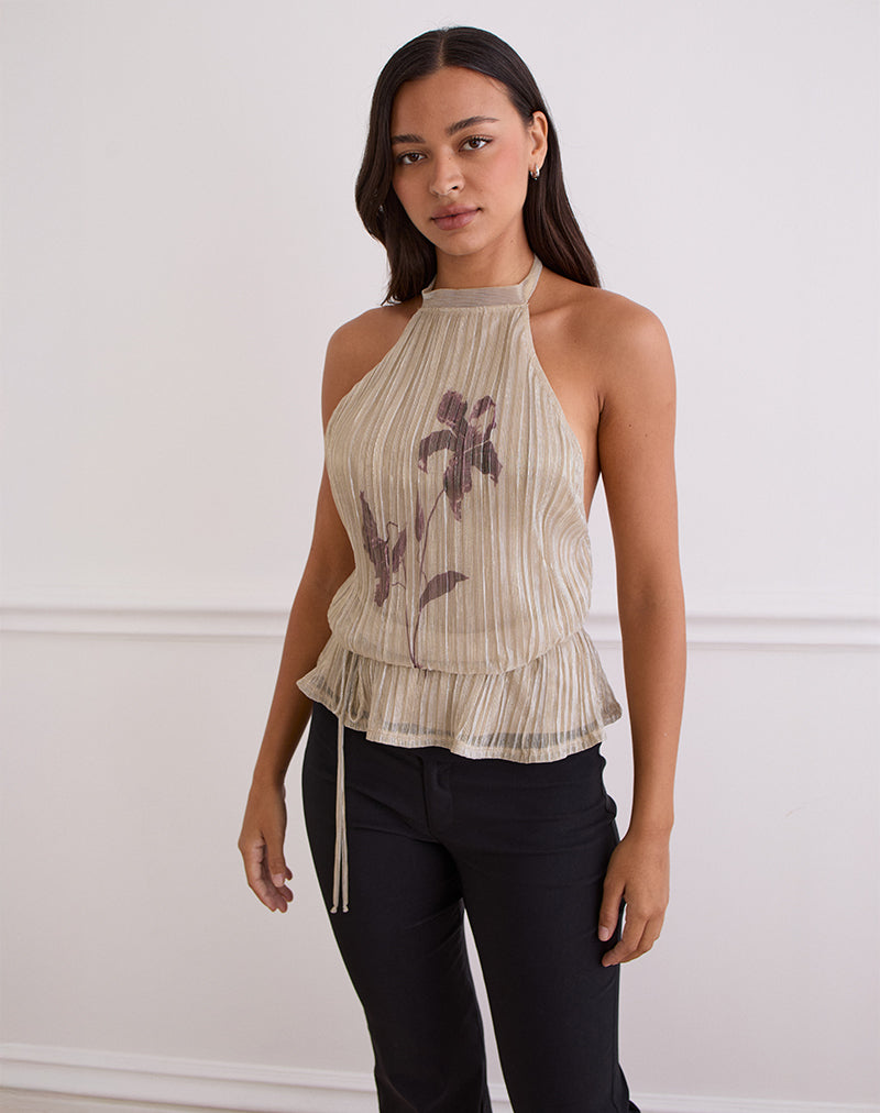 Brienne Top in lichtgoudglans met slanke bloemenprint
