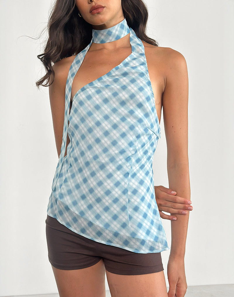 Afbeelding van Briva Nekband Top in Wazig Ruitje Blauw