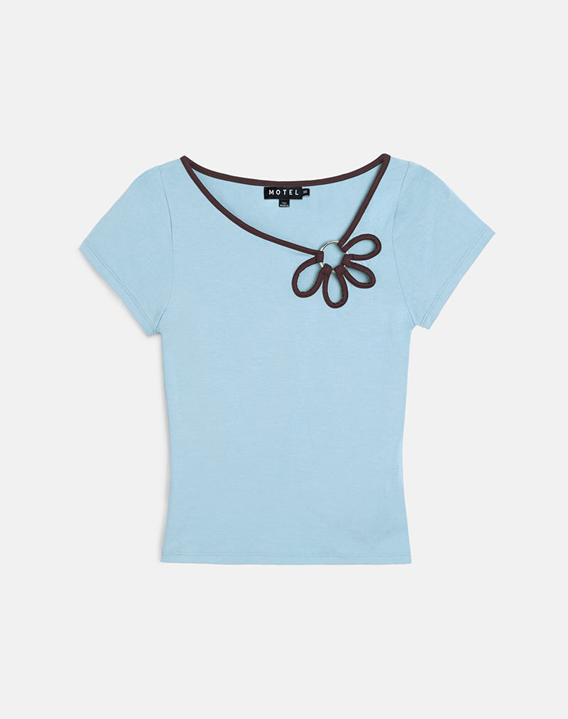 Bunga Bloem Uitgesneden Top in Nantucket Blue met Chocolade Binding