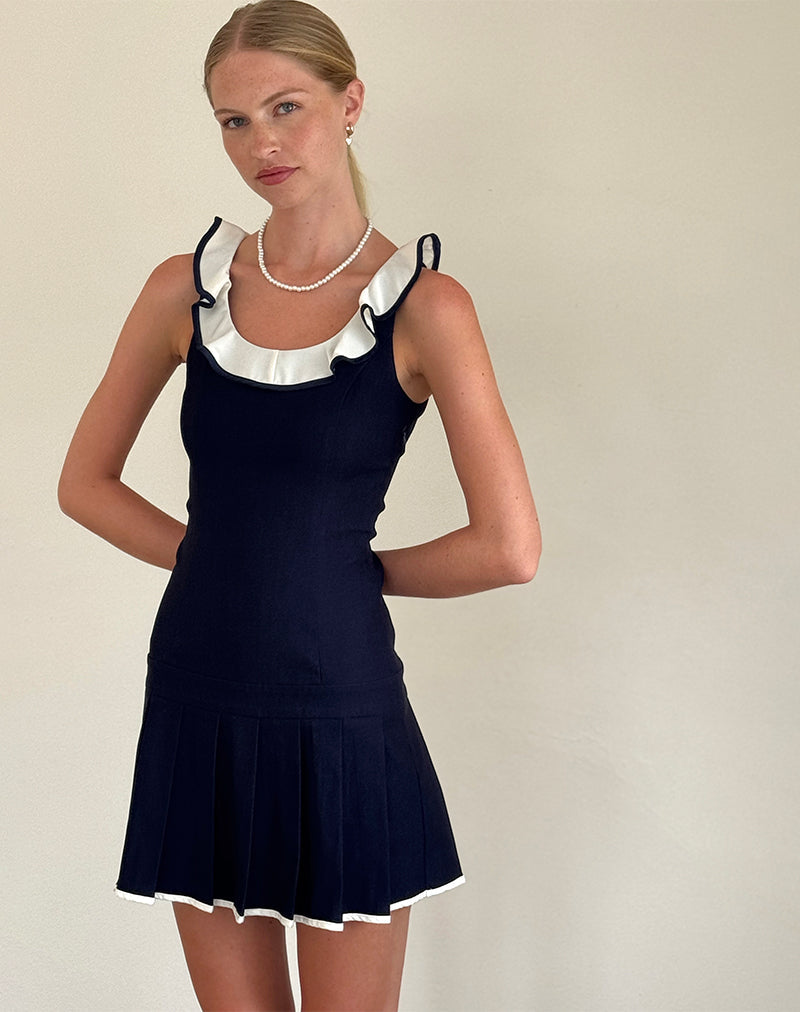 Busari Mini Jurk met Franje Hals in Navy