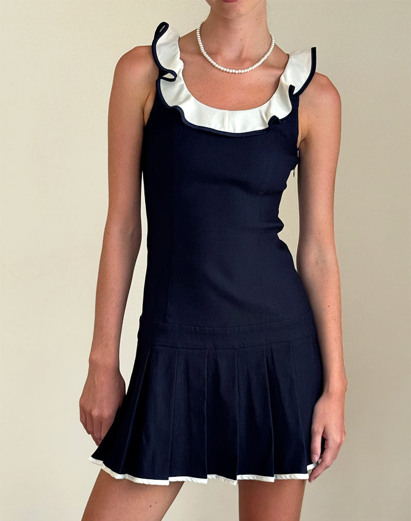 Busari Mini Jurk met Franje Hals in Navy