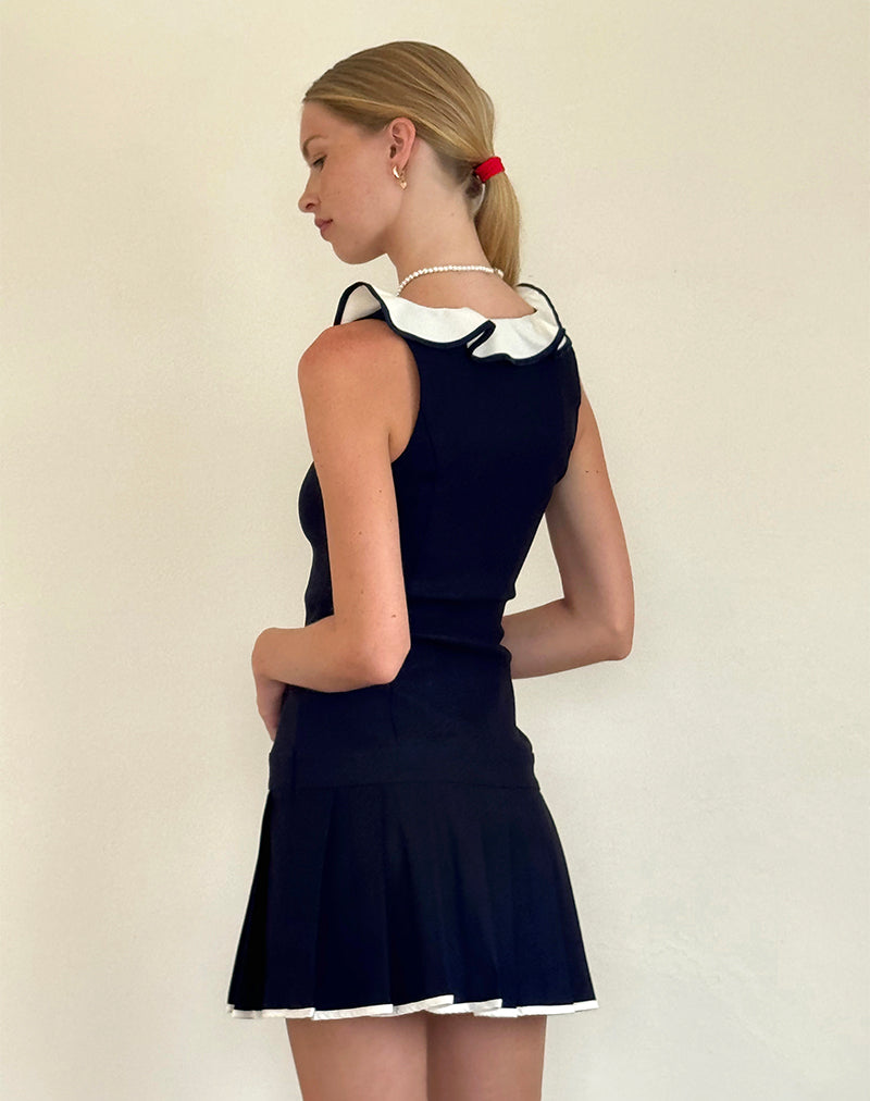 Afbeelding van Busari Frill Hals Mini Jurk in Navy