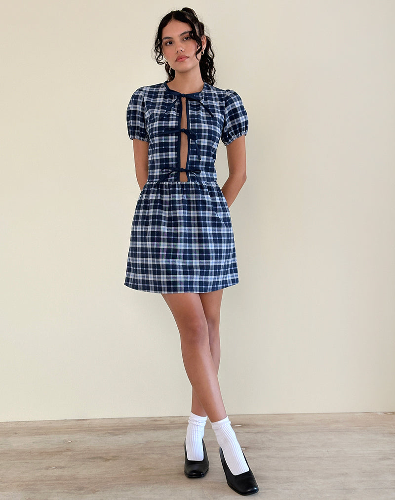 Afbeelding van Byan Jurk met Stropdas in Ruit Donkerblauw