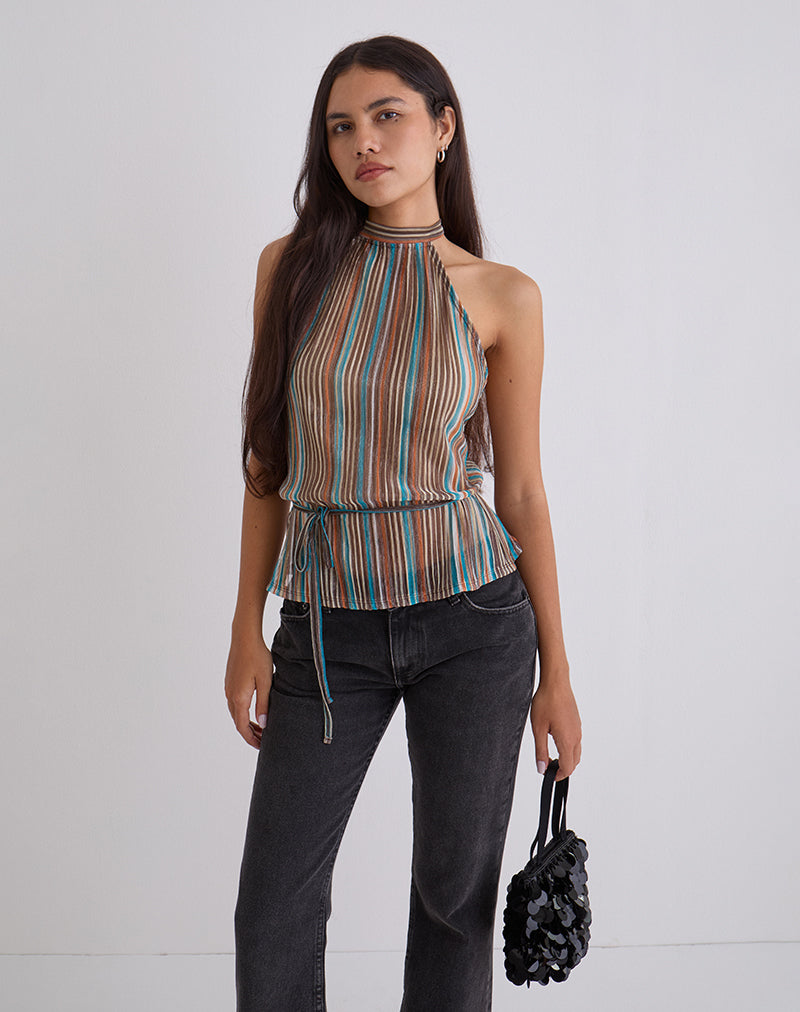Brienne Top in Blauw en Bruin Glinsterende Plisse