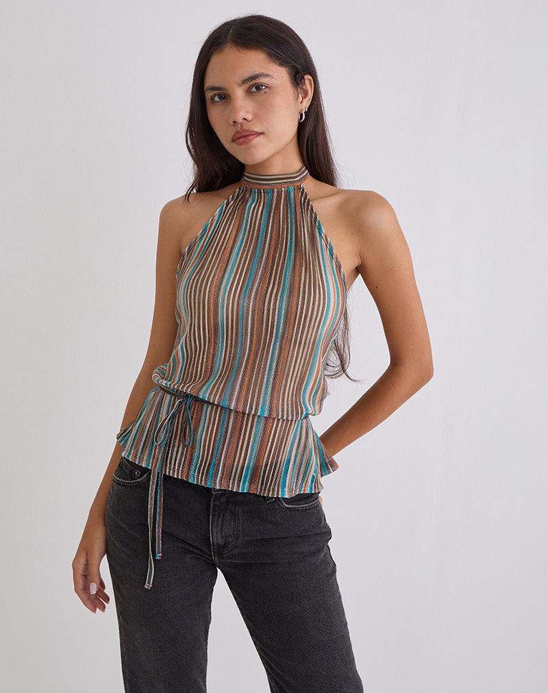 Brienne Top in Blauw en Bruin Glinsterende Plisse