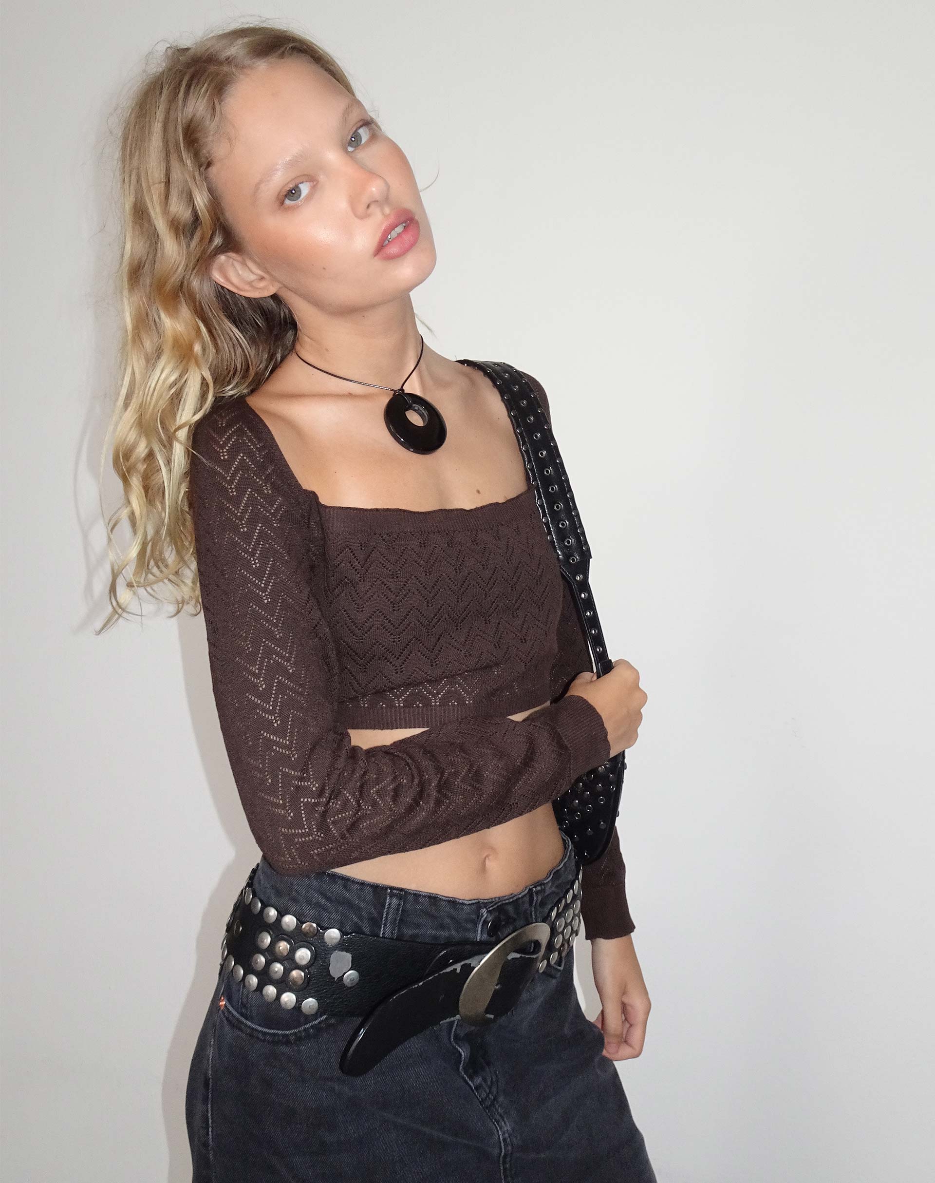 Afbeelding van Calum Top met lange mouwen in Lightweight Pointelle Coffee