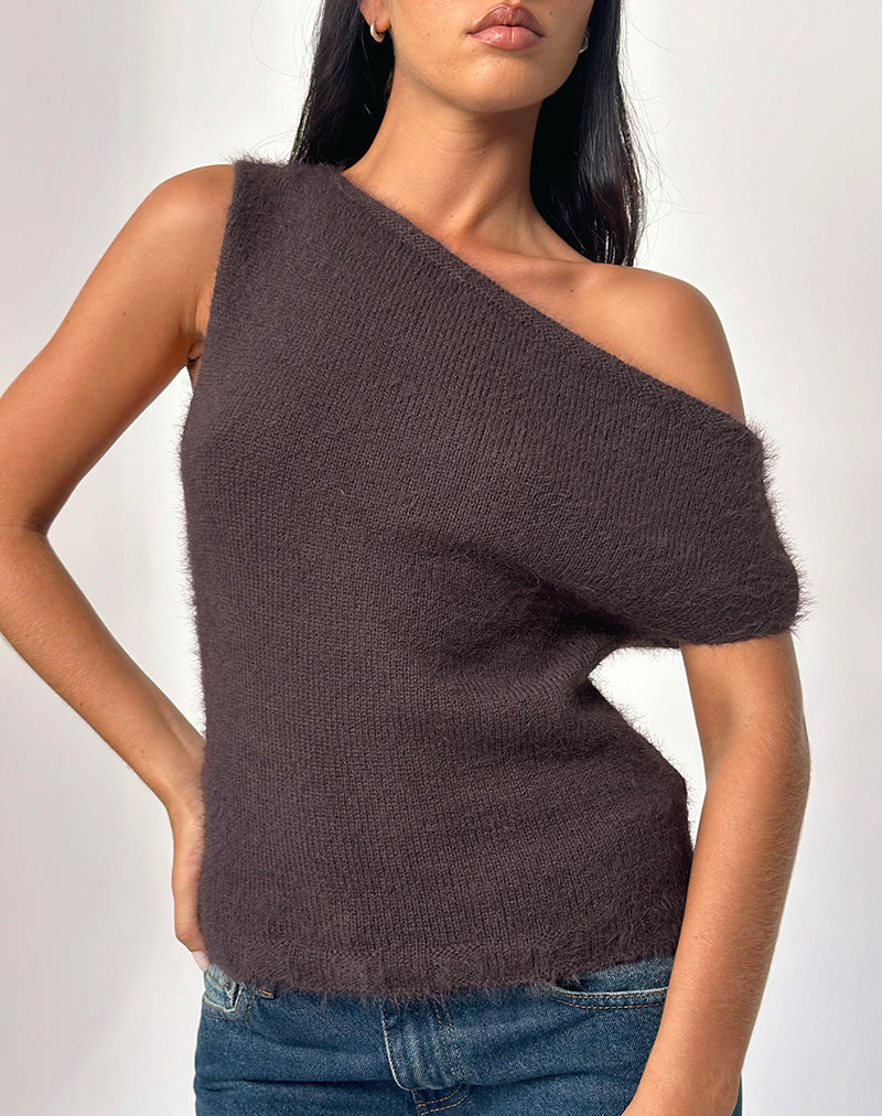 Calyce Off Shoulder Top in pluizig breisel donkerbruin
