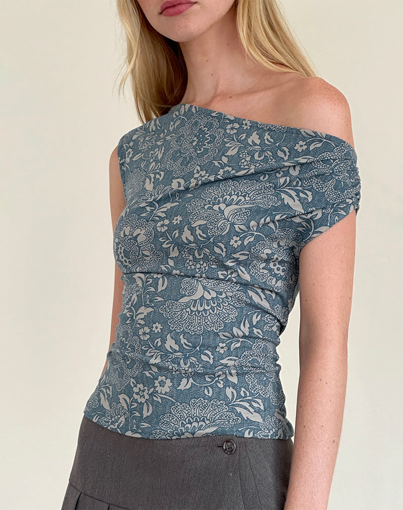 Afbeelding van Calypso Top in Blauw Sierlijke Print Lycra