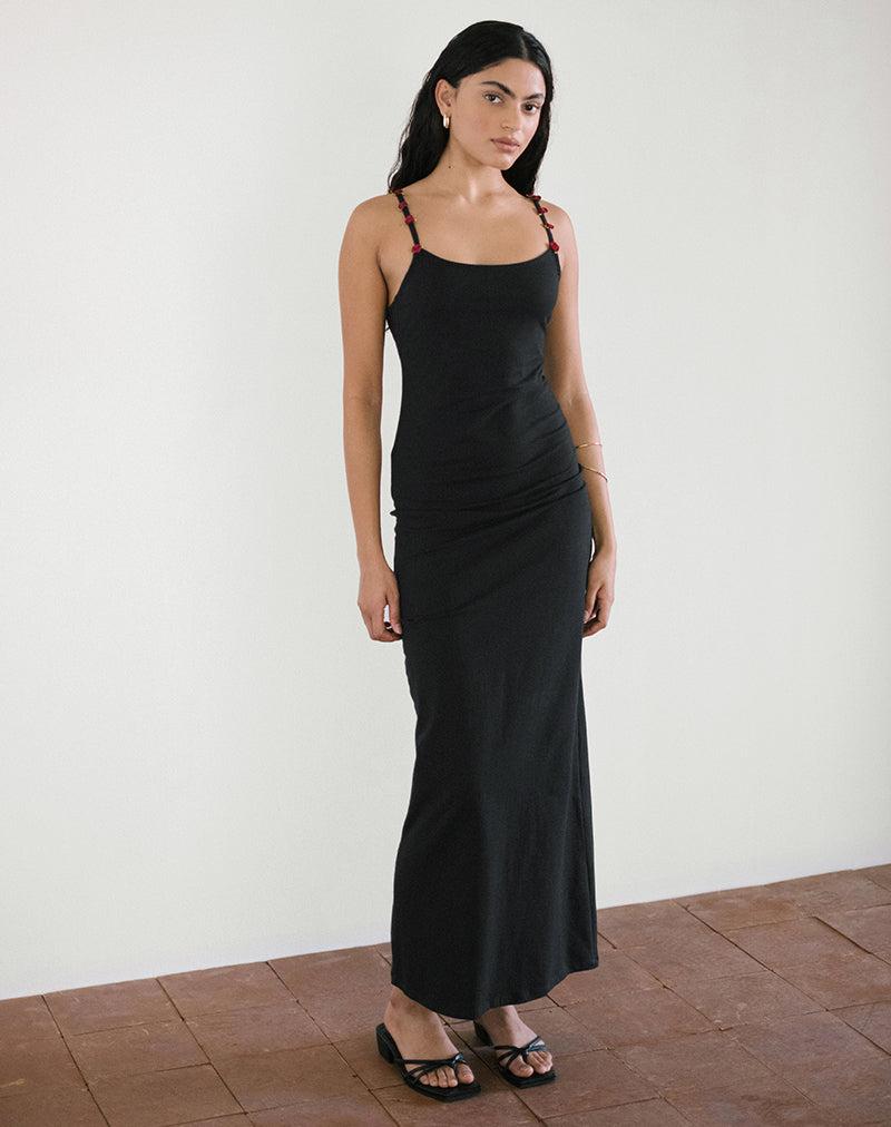 Cantana Maxi Dress in zwart met rood rozet