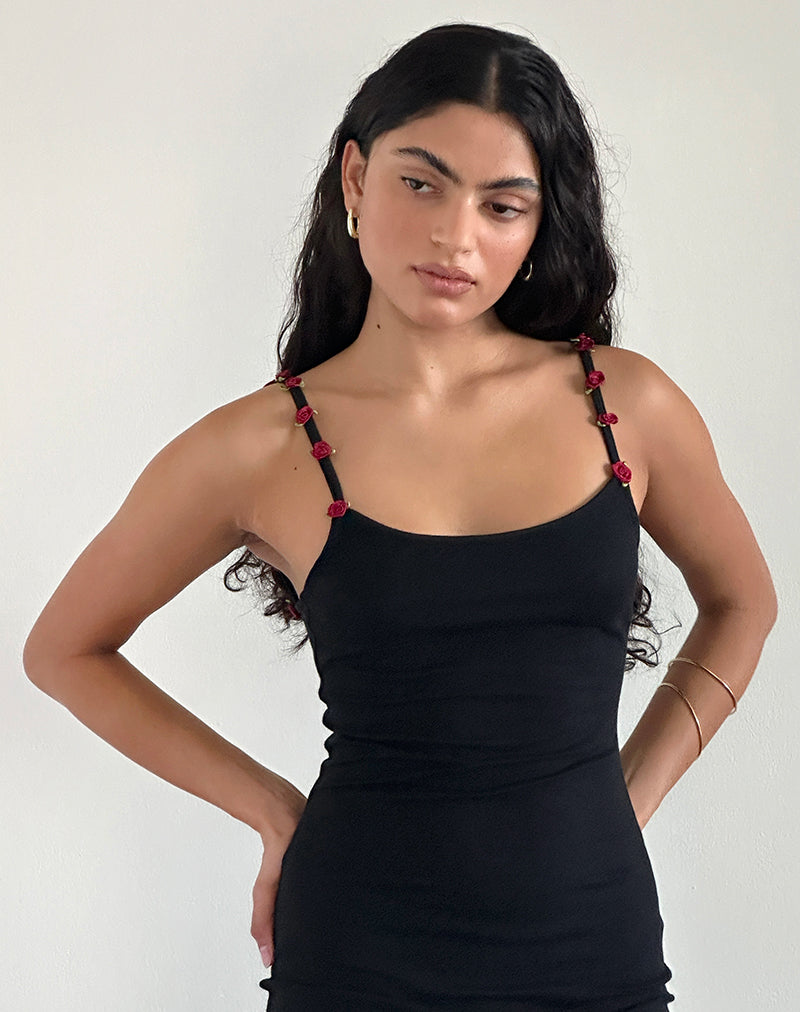 Afbeelding van Cantana Maxi Dress in Zwart met Rode Rozet
