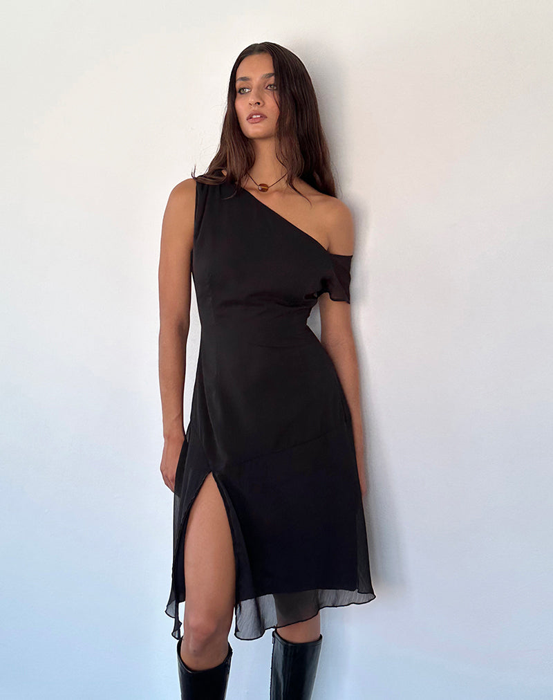 Afbeelding van Carissa One Shoulder Chiffon Midi Dress in Zwart