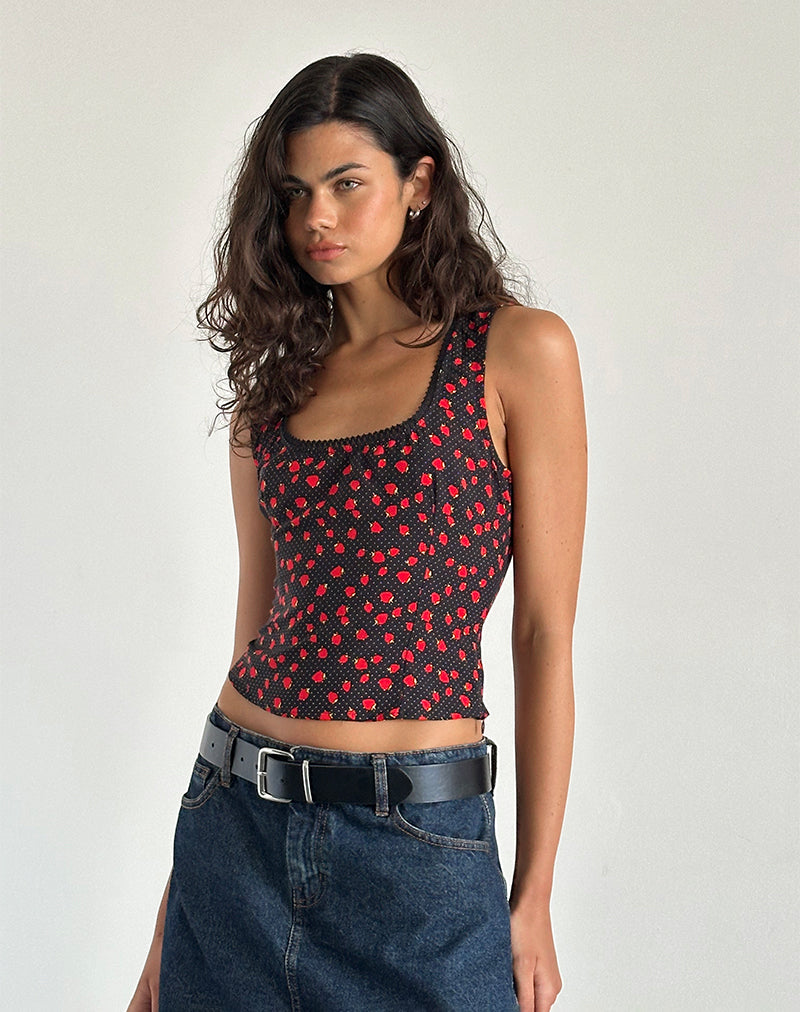 Carys Vest Top in Strawberry Polka Zwart