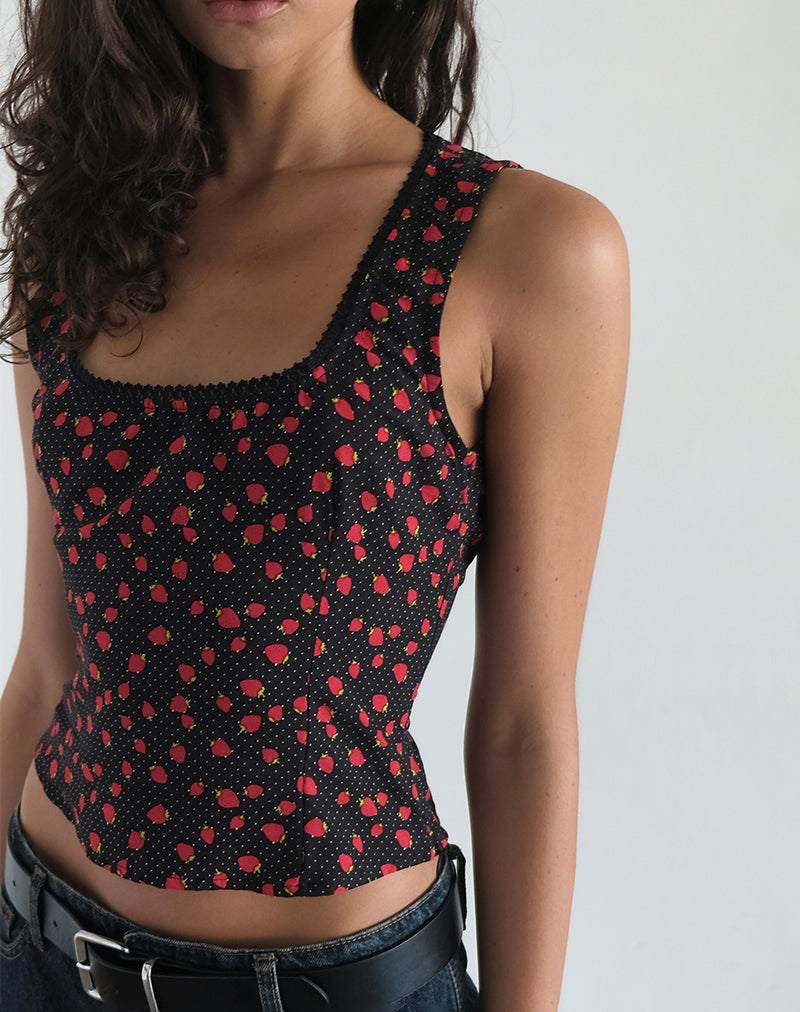 Carys Vest Top in Strawberry Polka Zwart