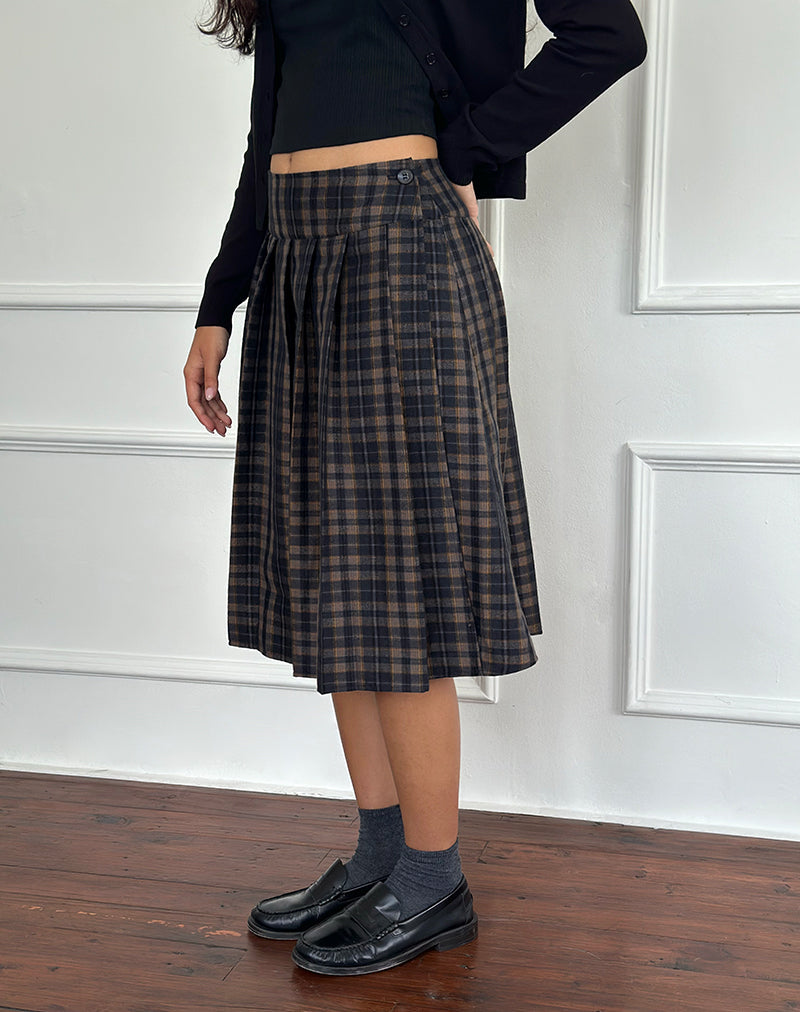 Afbeelding van Catelyn Geplooide Midi Rok in Navy Mosterd Ruit
