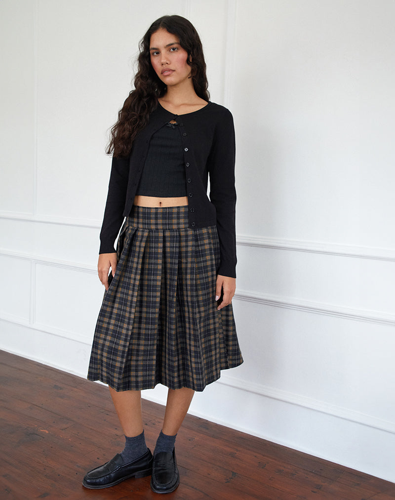 Afbeelding van Catelyn Geplooide Midi Rok in Navy Mosterd Ruit