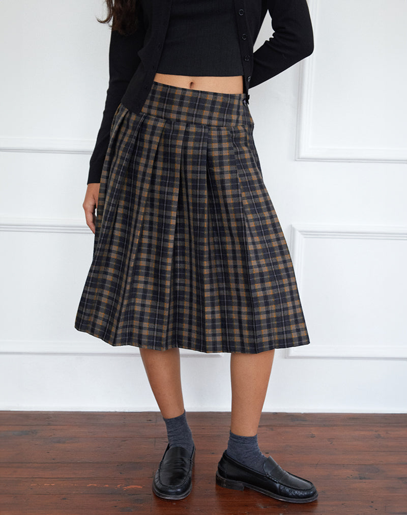 Afbeelding van Catelyn Geplooide Midi Rok in Navy Mosterd Ruit