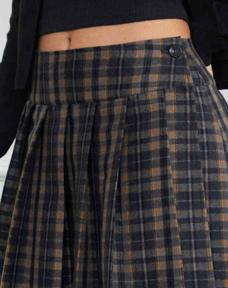 Afbeelding van Catelyn Geplooide Midi Rok in Navy Mosterd Ruit