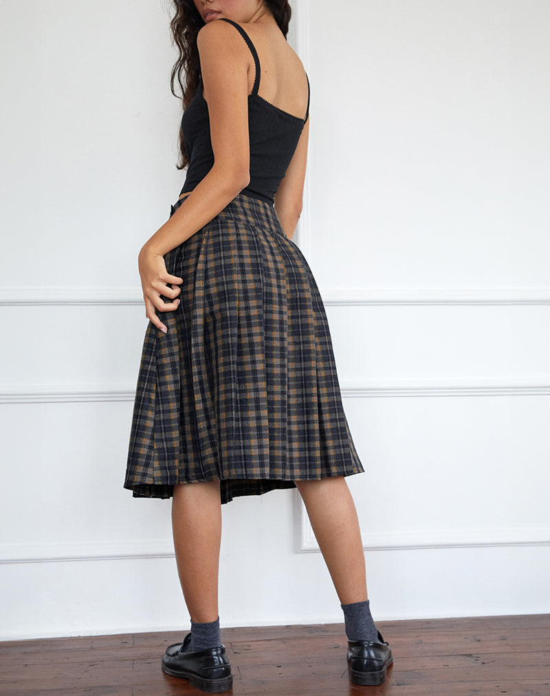 Afbeelding van Catelyn Geplooide Midi Rok in Navy Mosterd Ruit