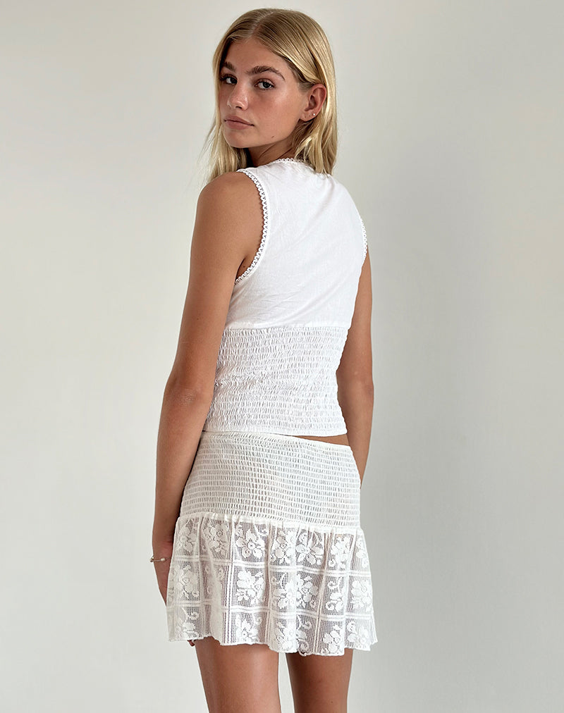 Cathyna Crochet Shirred Mini Rok in Popeline Wit