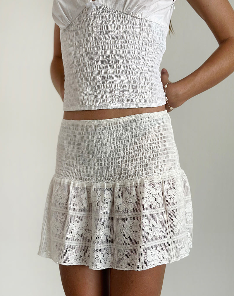 Afbeelding van Cathyna Crochet Shirred Mini Rok in Popeline Wit