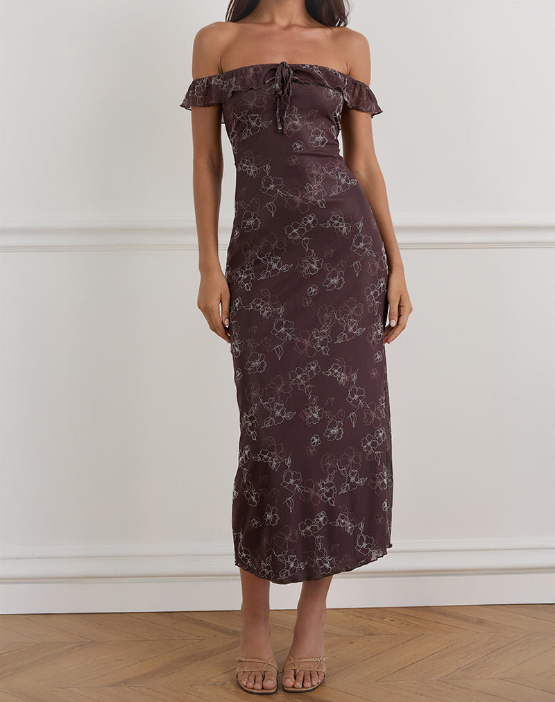 Afbeelding van Catrin Midi Dress in Doodle Flower Flock Bruin
