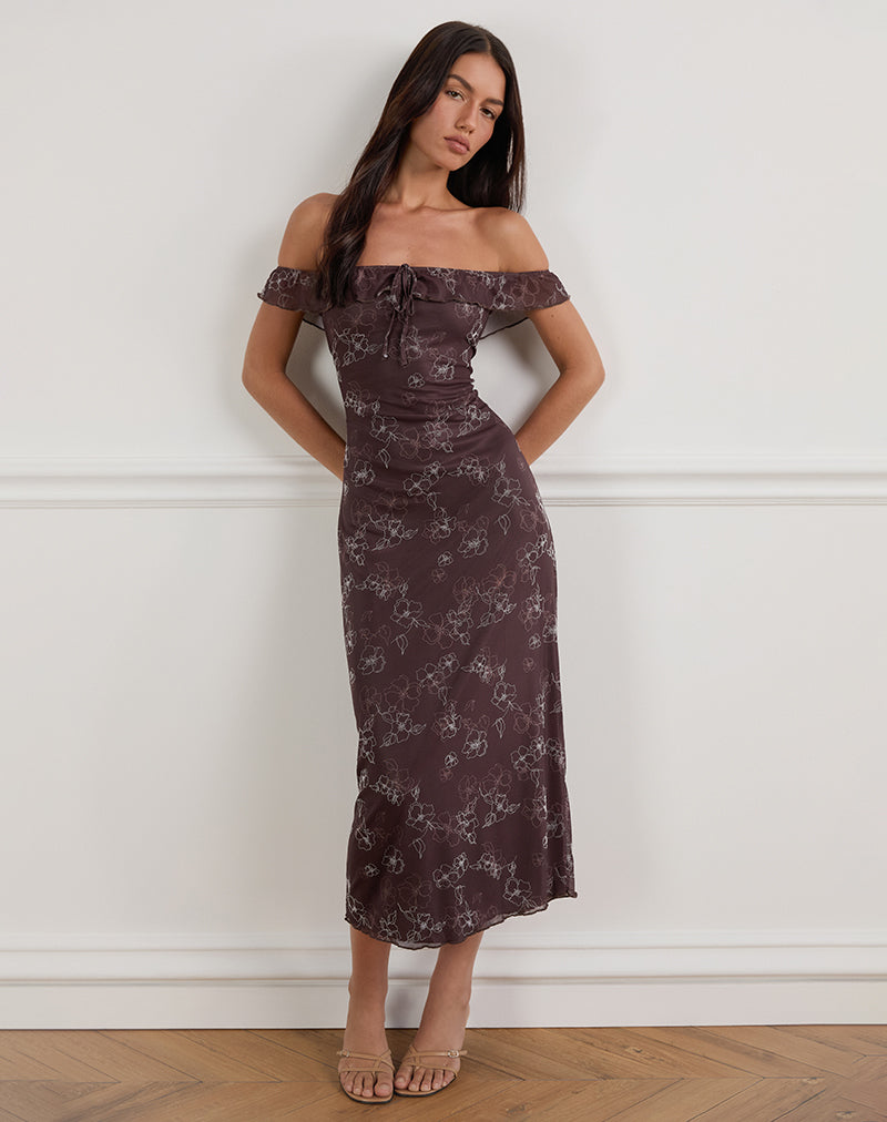Catrin Midi Dress in Doodle Flower Flock Bruin