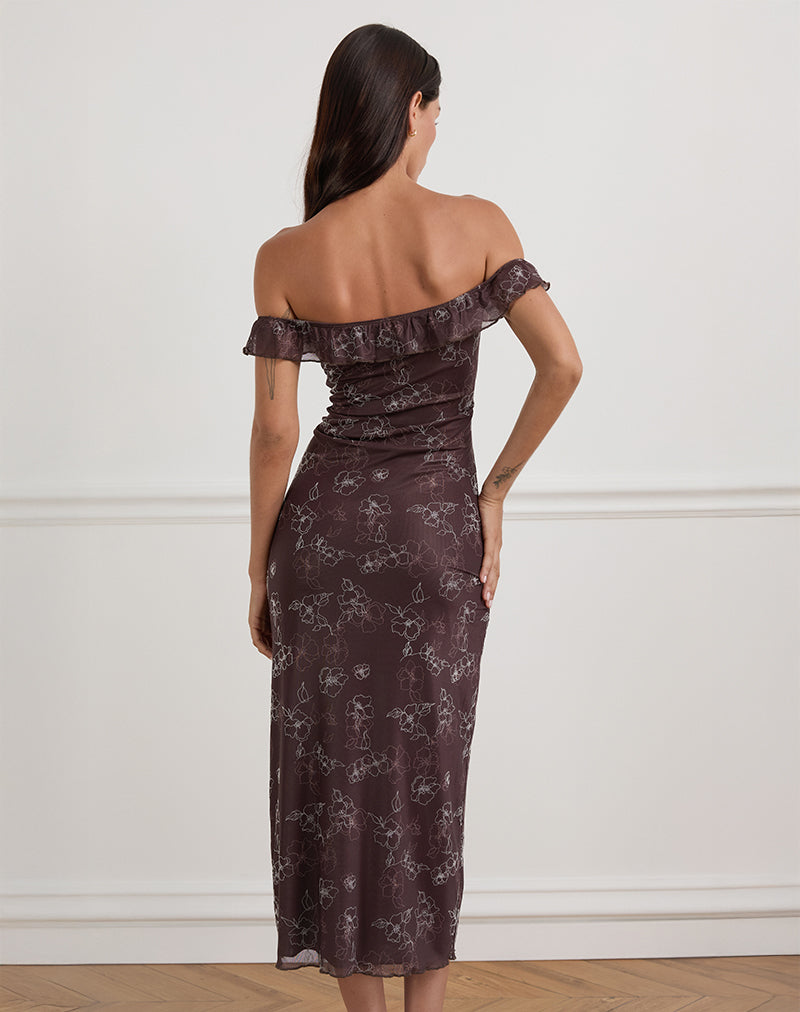 Afbeelding van Catrin Midi Dress in Doodle Flower Flock Bruin