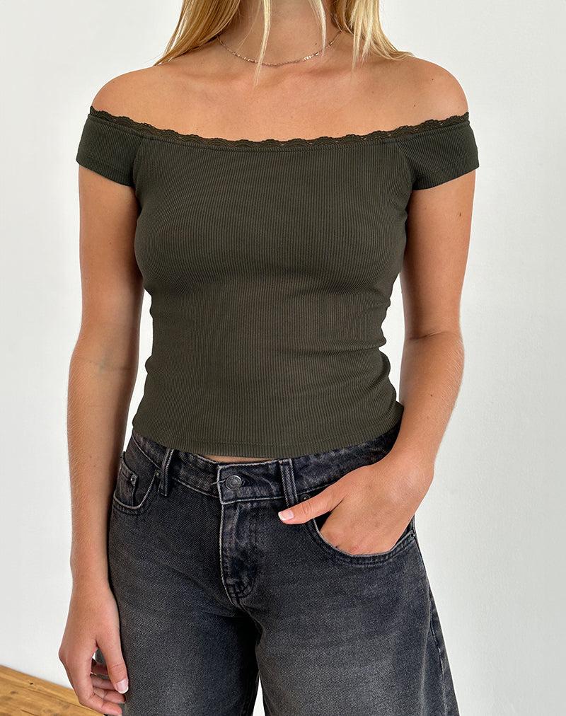 Chacha Top in Olijf Rib Kant
