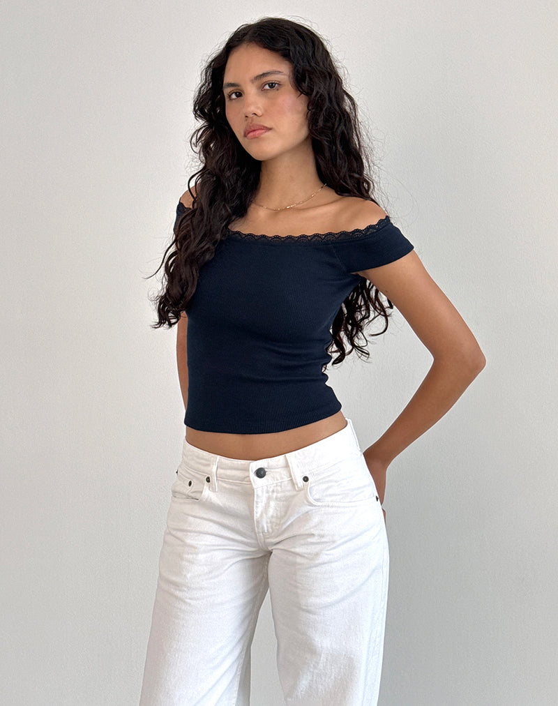 Afbeelding van Chacha Bardot Top in Ribkoord Navy