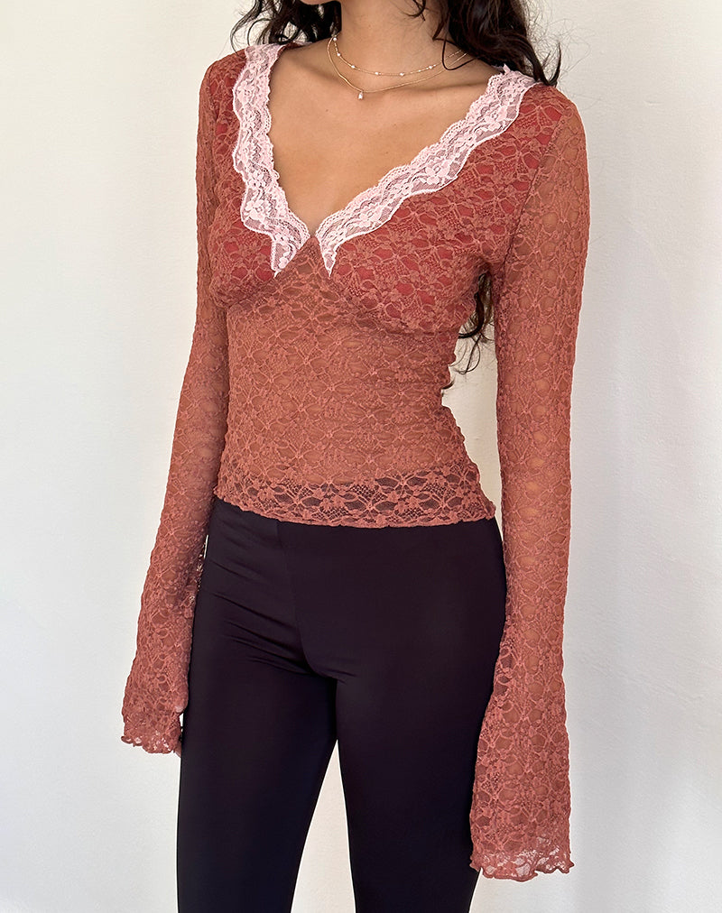 Afbeelding van Chantal Lange Mouw Kanten Top in Withered Rose
