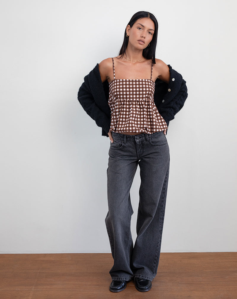 Afbeelding van Charlita Frill Cami Top in Ton-sur-ton Gingham Bruin