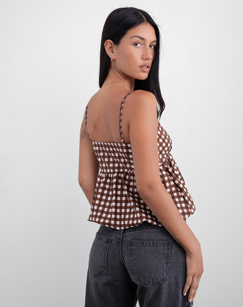 Afbeelding van Charlita Frill Cami Top in Ton-sur-ton Gingham Bruin