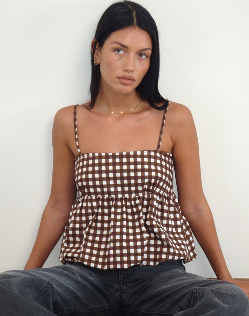 Afbeelding van Charlita Frill Cami Top in Ton-sur-ton Gingham Bruin