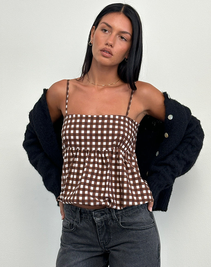 Afbeelding van Charlita Frill Cami Top in Ton-sur-ton Gingham Bruin