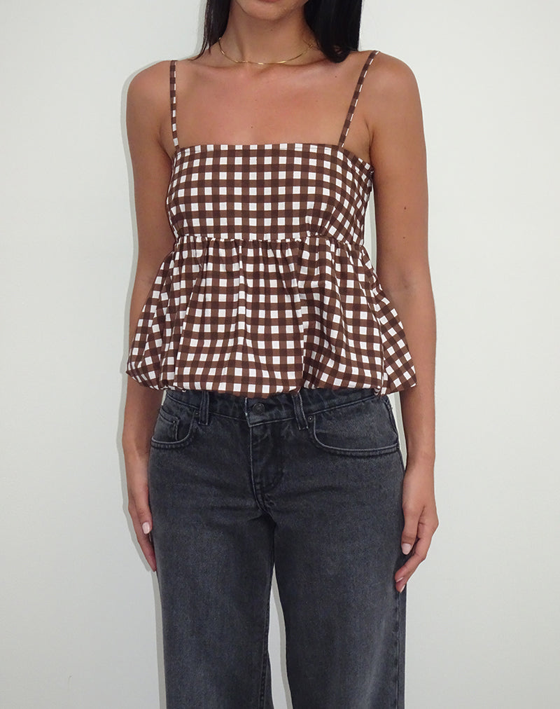 Afbeelding van Charlita Frill Cami Top in Ton-sur-ton Gingham Bruin