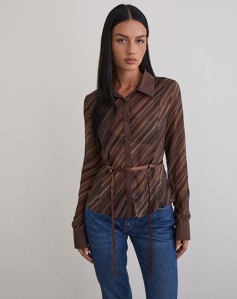 Afbeelding van Christabel Shirt in Chiffon Mix Bruin Streep