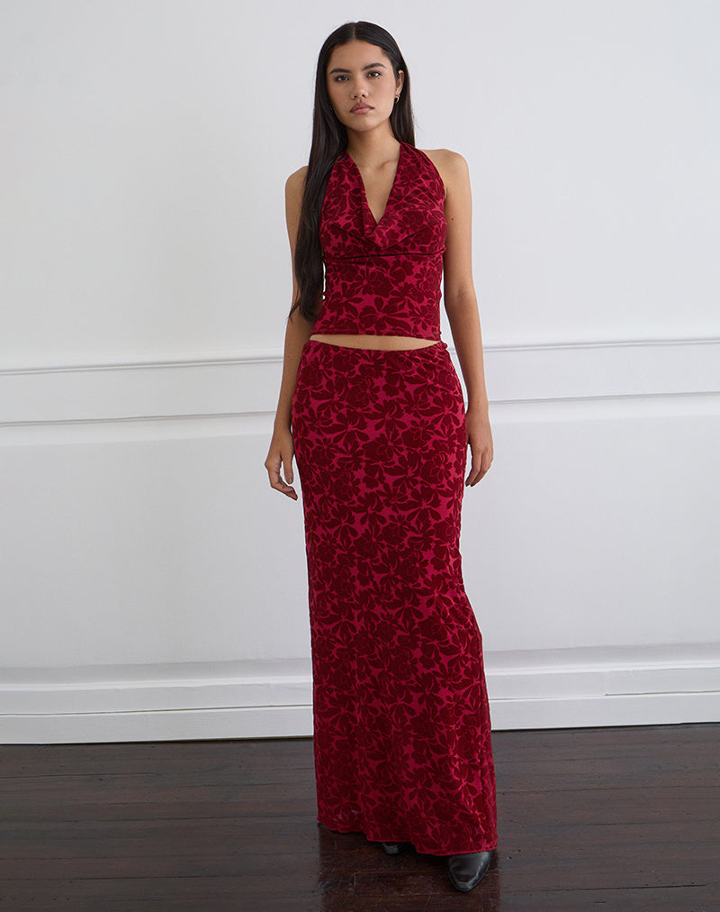 Afbeelding van Clandy Cowl Top in gevlokte mesh Bloem Kers