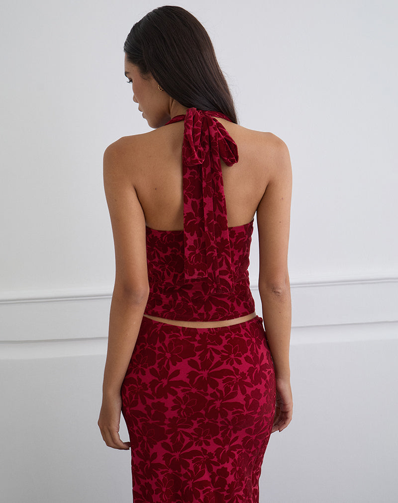 Afbeelding van Clandy Cowl Top in gevlokte mesh Bloem Kers