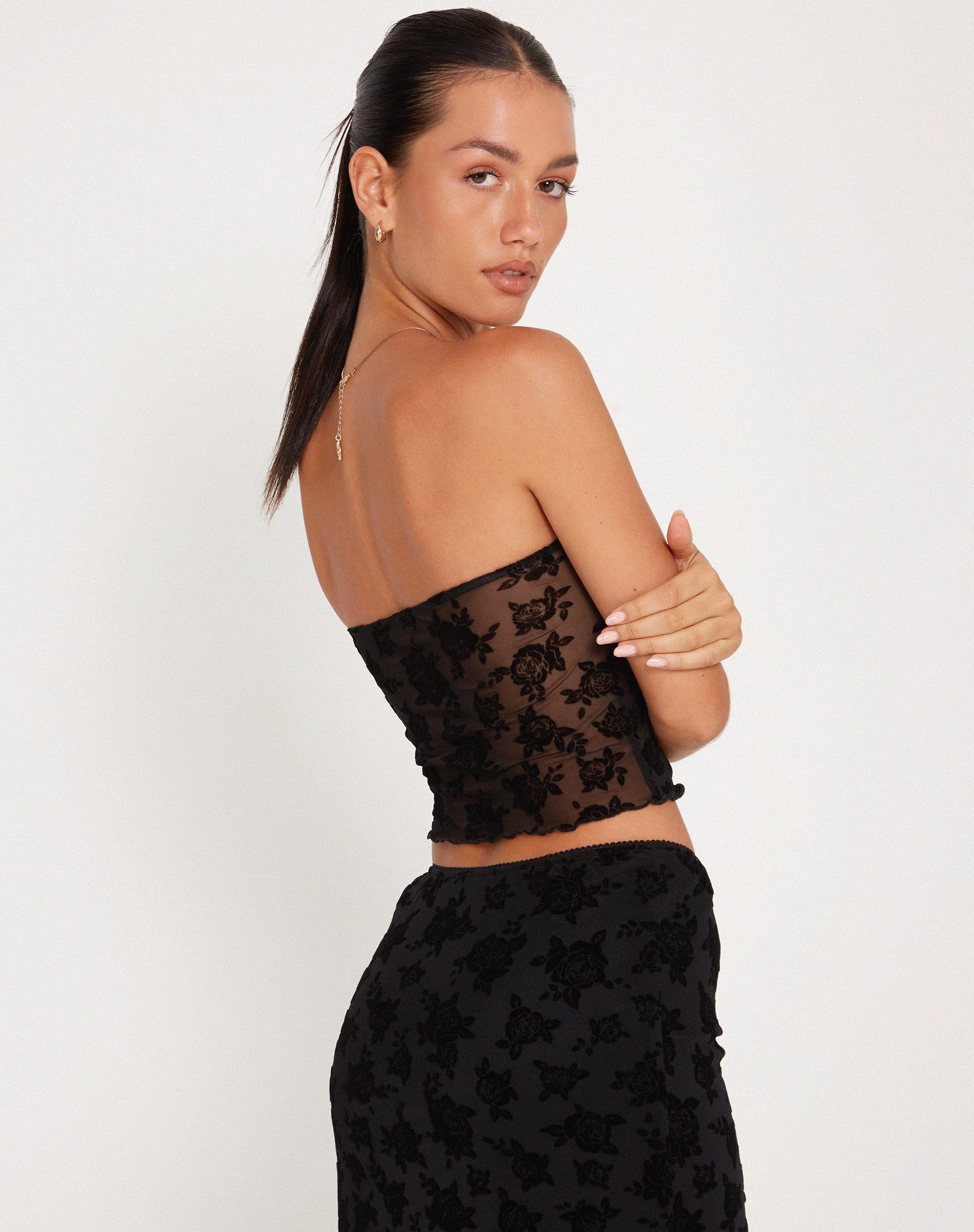 Afbeelding van Claryn Corset Top in Mesh Zwart Romantic Rose Flock