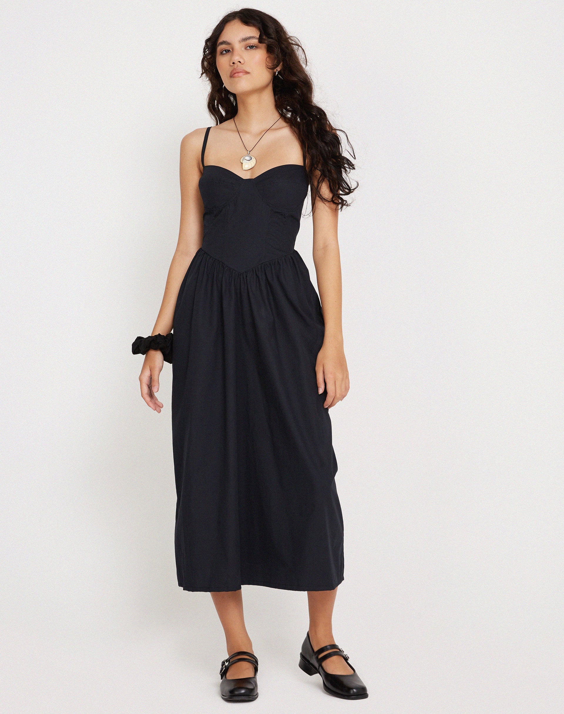 Afbeelding van Clementine Korset Midi Dress in Zwart Popeline
