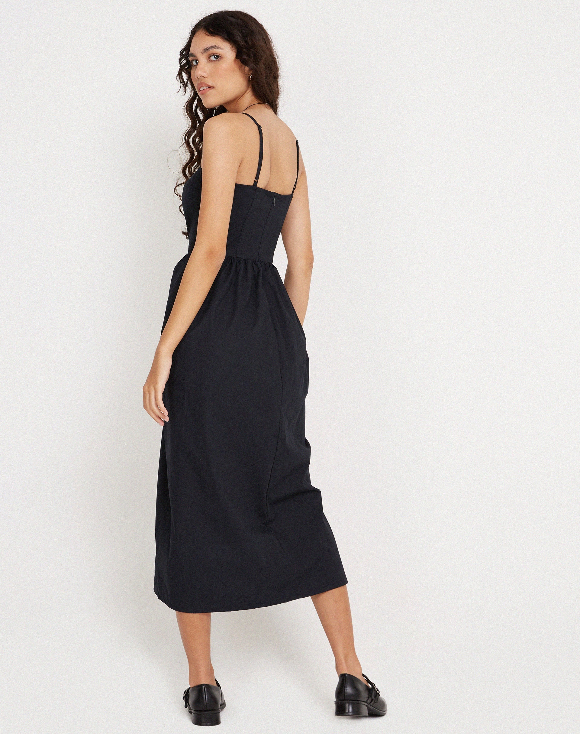 Afbeelding van Clementine Korset Midi Dress in Zwart Popeline