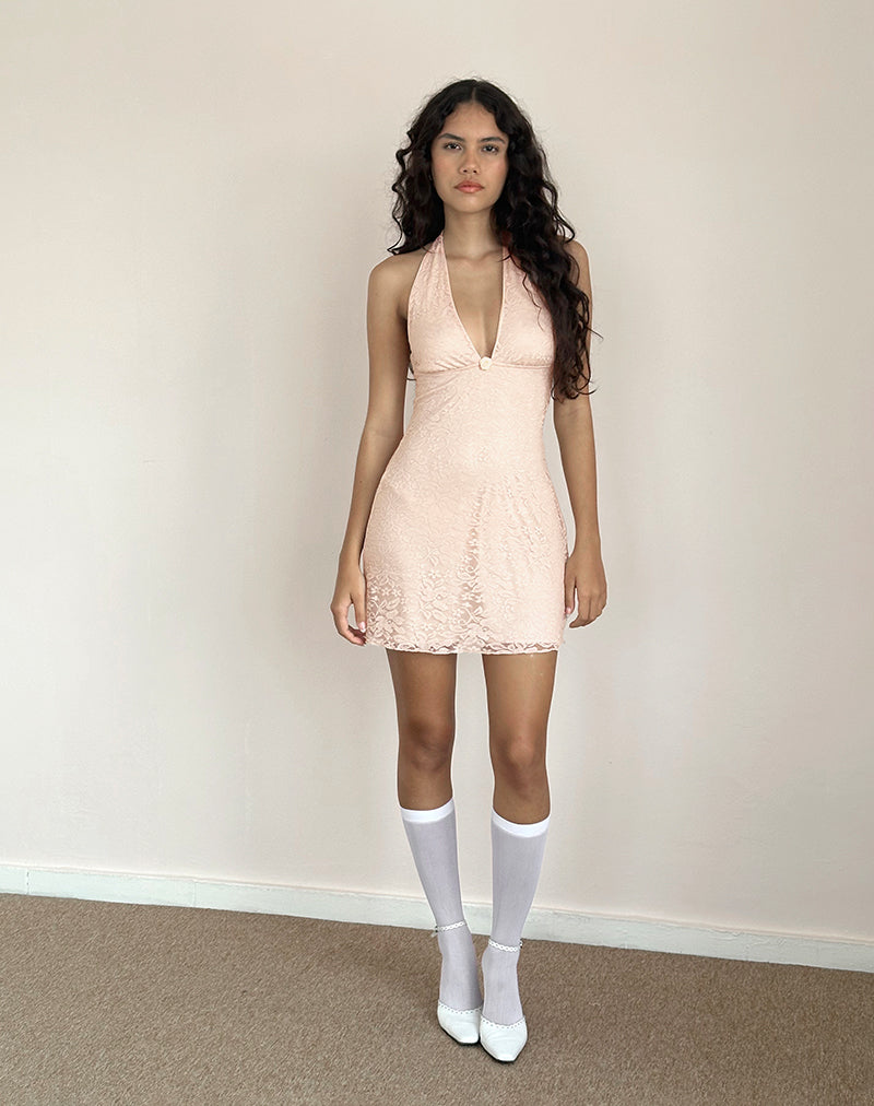 Afbeelding van Codami Mini jurk met halterhals in kant Lotus Roze