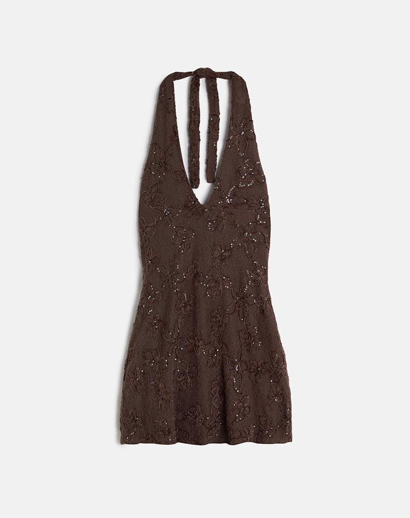 Afbeelding van Codami Mini jurk met halterhals in gebreid met lovertjes donkerbruin
