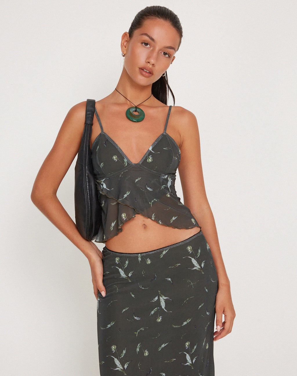 Cojira Mesh Vlinder Top in Bloemig Khaki Silhouet