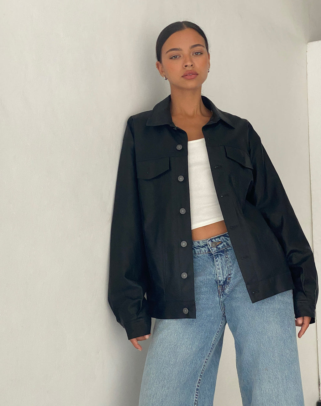 Colleen oversized jas in PU zwart
