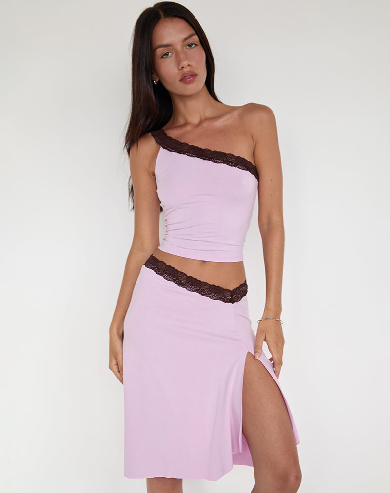 Afbeelding van Laudine Midi rok in lavendel met bittere chocolade kant