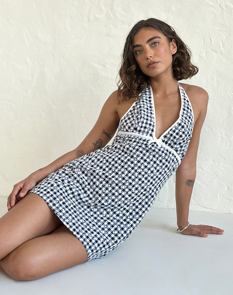 Afbeelding van Corla Mini Dress in Zwart Gebloemd Gingham