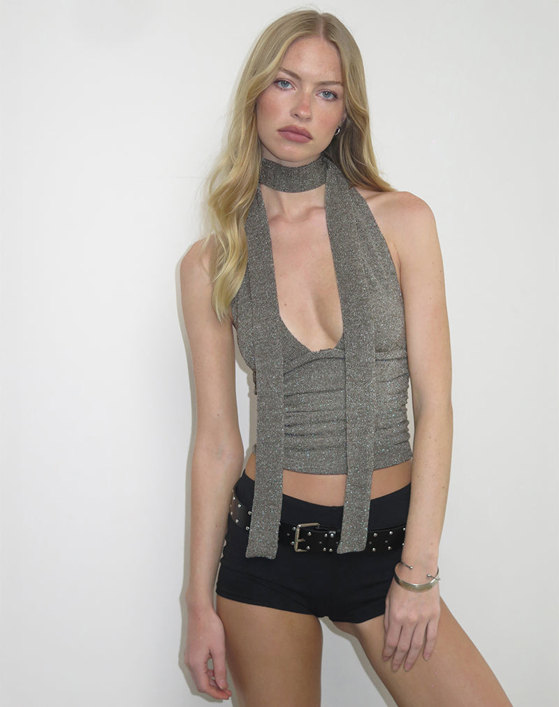 Cosimo Halter Hals Top met Sjaal in Glitter Gebreid Khaki