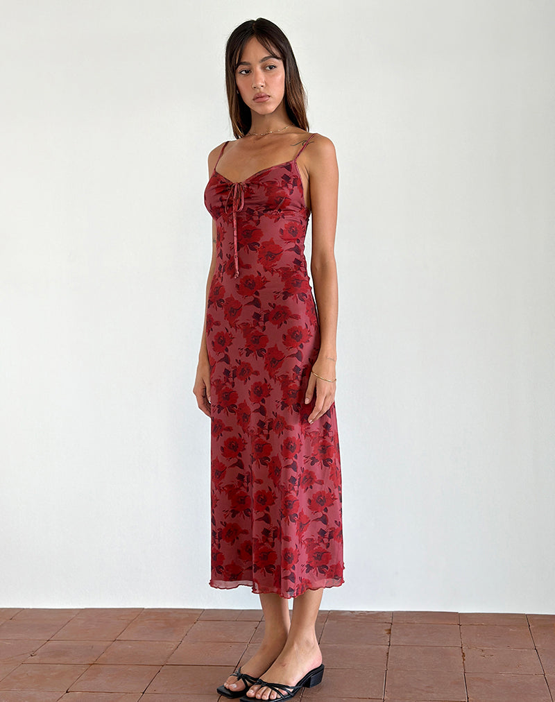 Coya Midi Dress in Fairy Floral Bourgundy Flock
